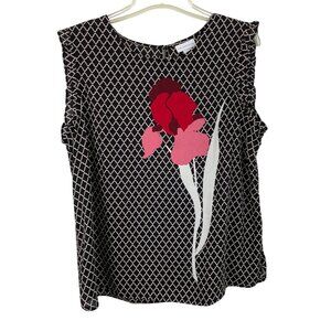 Liz Claiborne Black White Diamond Pattern w/ Bold Red Floral Print Womens Size L